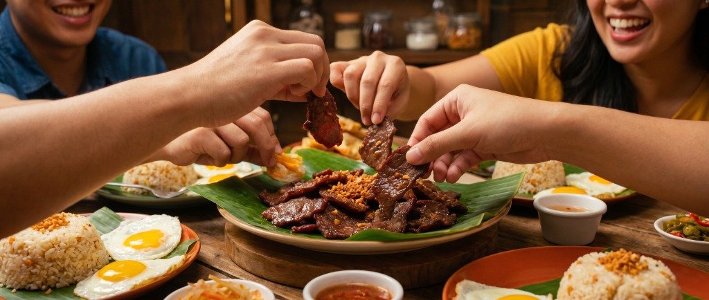 Communal Banana Leaf Platter of Beef Tapsilog